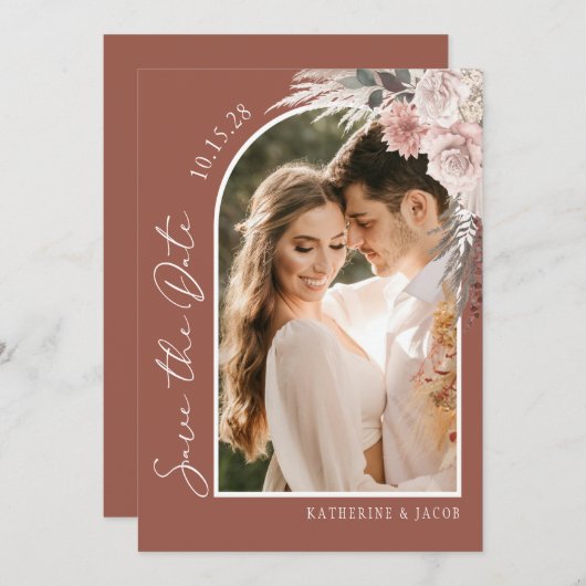 Boho Terracotta Photo Wedding Save The Date (Voorkant / Achterkant)