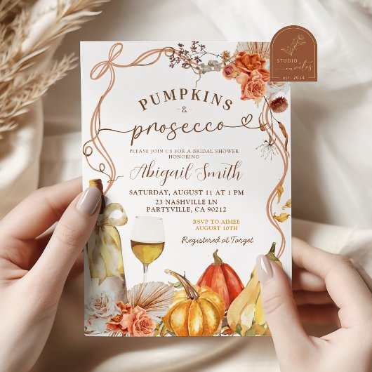 Boho Terracotta Pompoenen en Prosecco Bruidsfeest Kaart