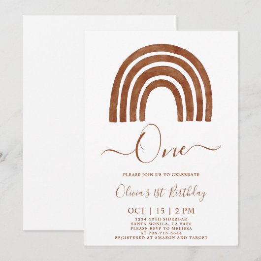 Boho Terracotta Rainbow 1st Birthday Uitnodiging (Voorkant / Achterkant)