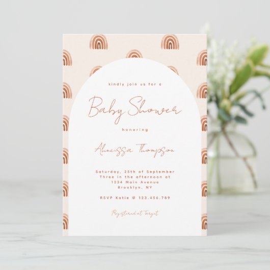 Boho Terracotta Rainbow Arch Baby shower Script Kaart (Staand voorkant)
