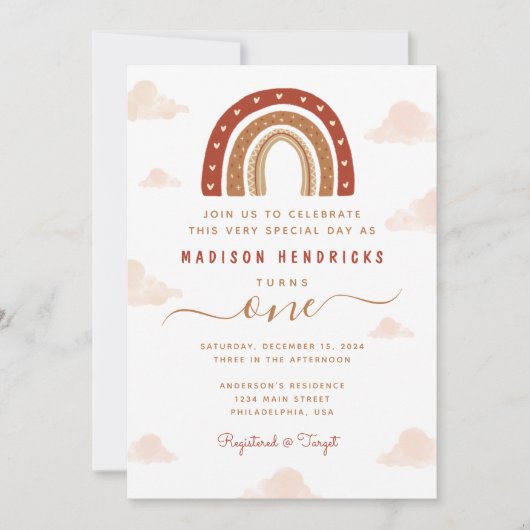 Boho Terracotta Rainbow Clouds 1e verjaardag Kaart (Voorkant)