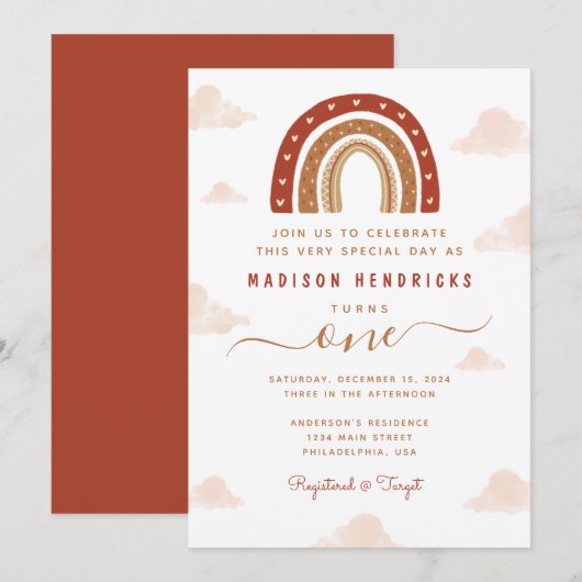 Boho Terracotta Rainbow Clouds 1e verjaardag Kaart (Voorkant / Achterkant)