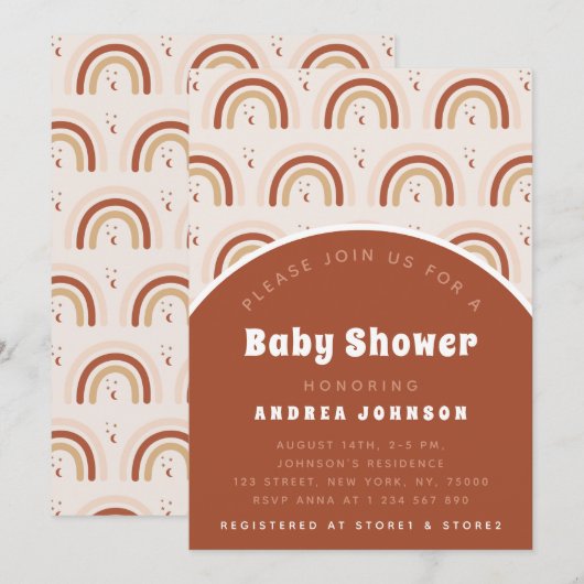 Boho Terracotta Rainbow Moon Pattern Baby shower Kaart (Voorkant / Achterkant)