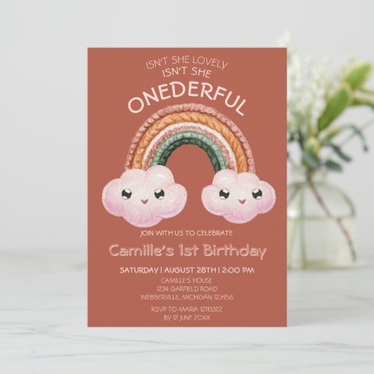 Boho Terracotta Regenboogwolken 1e verjaardag Kaart (Staand voorkant)