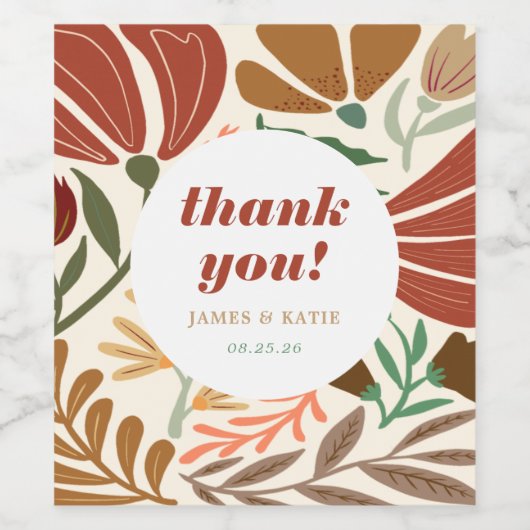 Boho Terracotta Retro Floral Wedding Dank u Wijn Etiket (Enkel label)
