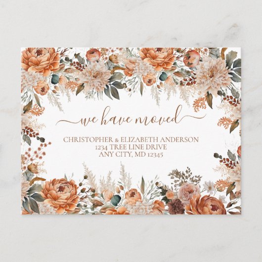 Boho Terracotta Roest Beige Bloem Schrift Verhuizi Aankondigingskaart (Voorkant)