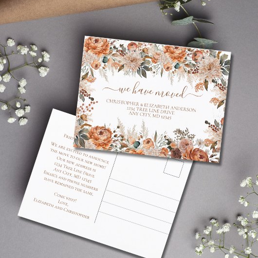 Boho Terracotta Roest Beige Bloemrijke Script Verh Aankondigingskaart