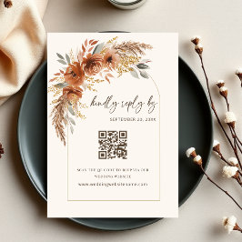 Boho Terracotta Roest Bruilofts Bloemencode QR-cod RSVP Kaartje