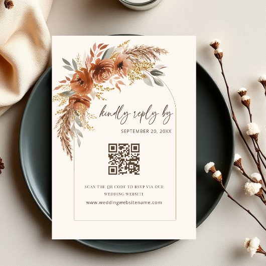 Boho Terracotta Roest Bruilofts Bloemencode QR-cod RSVP Kaartje