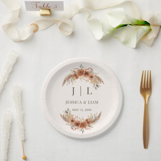 Boho Terracotta Roest Herfst Bloemen Huwelijk Papieren Bordje (Huwelijk)