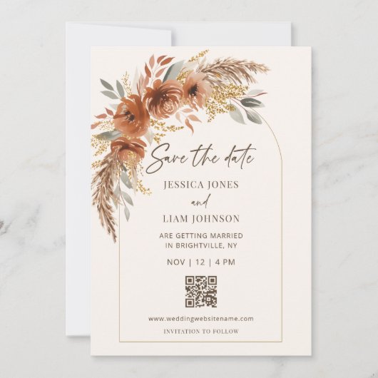 Boho Terracotta Roest Herfst Bloemen Huwelijk QR C Save The Date (Voorkant)