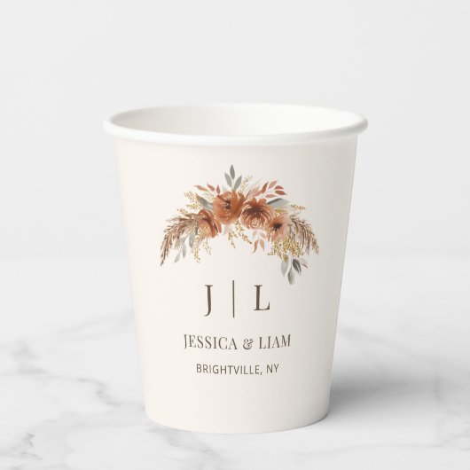 Boho Terracotta Roestige Herfst Bloemige Bruiloft Papieren Bekers (Achterkant)