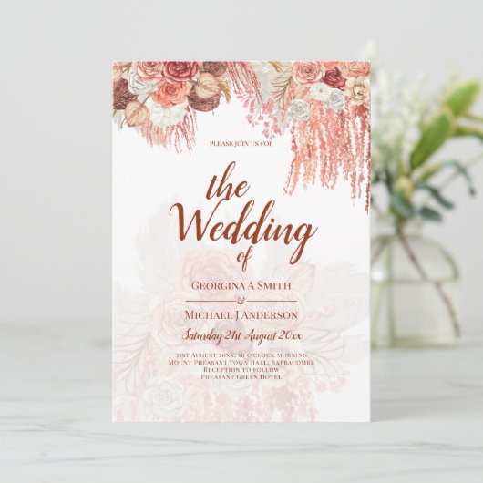 Boho Terracotta Roos Pampas Gras Bloemen Bruiloft Kaart (Staand voorkant)