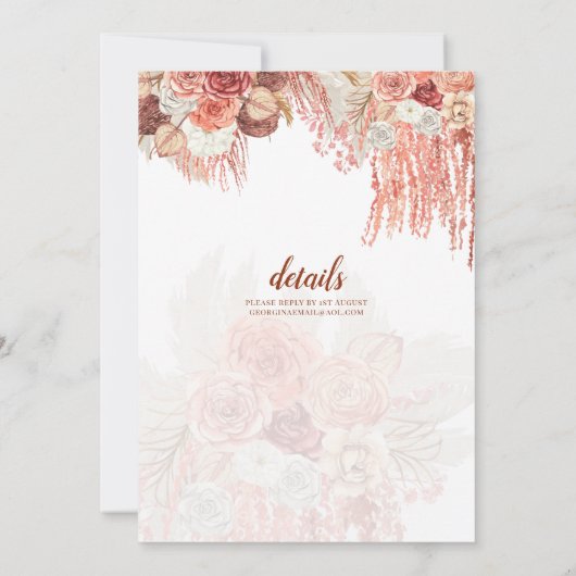 Boho Terracotta Roos Pampas Gras Bloemen Bruiloft Kaart (Achterkant)