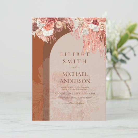 Boho Terracotta Roos Pampas Grass Floral Wedding (Staand voorkant)