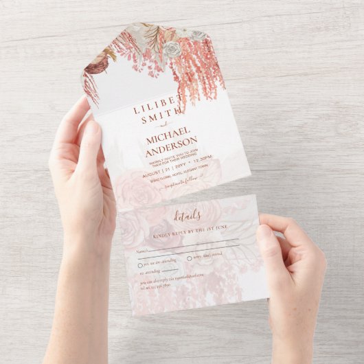 Boho Terracotta Roos Pampas Grass Floral Wedding All In One Uitnodiging (Afscheurbaar)