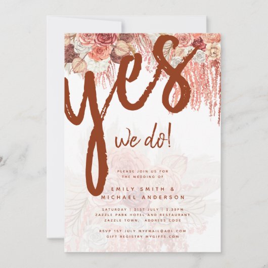 Boho Terracotta Roos Pampas Grass Floral Wedding Kaart (Voorkant)