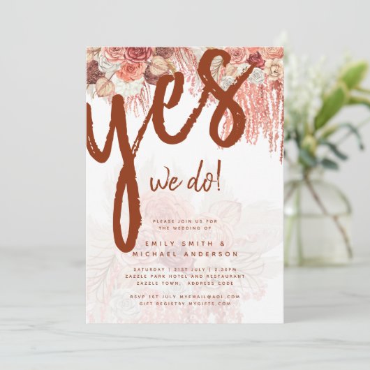 Boho Terracotta Roos Pampas Grass Floral Wedding Kaart (Staand voorkant)