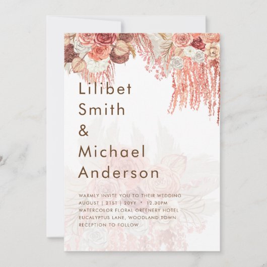 Boho Terracotta Roos Pampas Grass Floral Wedding Kaart (Voorkant)