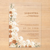 Boho Terracotta Roos & Pampas Grass Wedding Acryl Uitnodigingen (Voorkant)