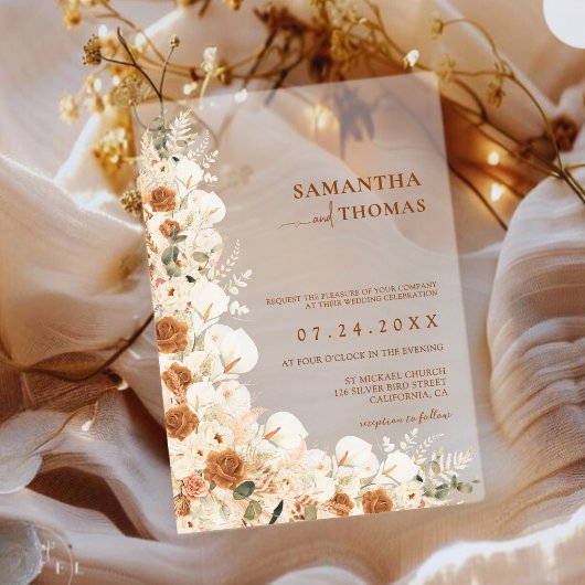 Boho Terracotta Roos & Pampas Grass Wedding Acryl Uitnodigingen