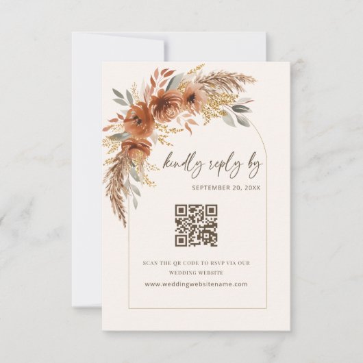Boho Terracotta Rust Fall Floral Wedding QR Code RSVP Kaartje (Voorkant)