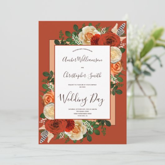 Boho Terracotta Rust Floral Pampas Grass Wedding Kaart (Staand voorkant)