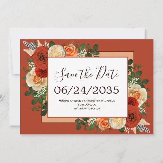 Boho Terracotta Rust Floral Pampas Grass Wedding Save The Date (Voorkant)
