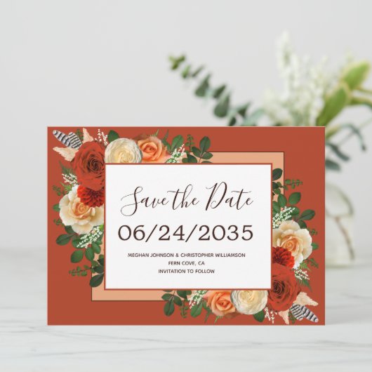 Boho Terracotta Rust Floral Pampas Grass Wedding Save The Date (Staand voorkant)