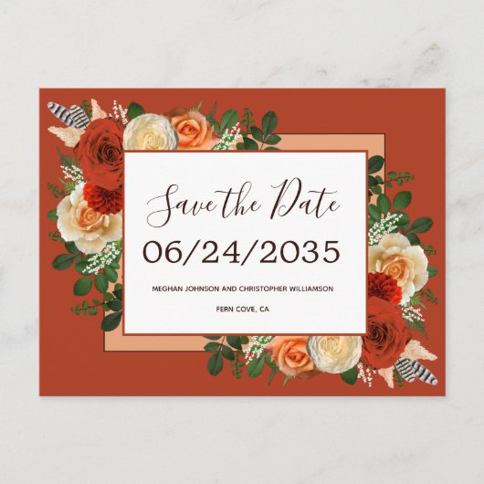 Boho Terracotta Rust Floral Wedding Save the Date Aankondigingskaart (Voorkant)