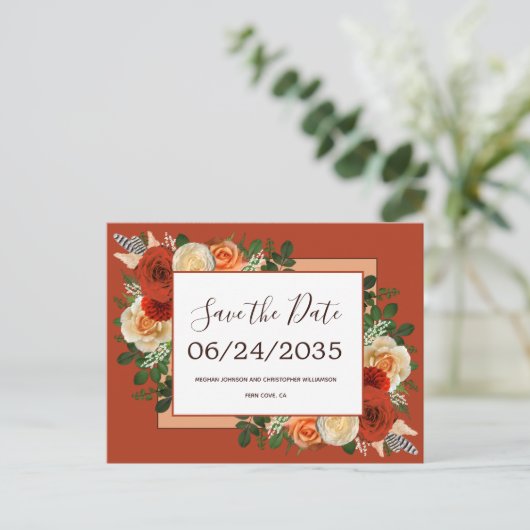 Boho Terracotta Rust Floral Wedding Save the Date Aankondigingskaart (Staand voorkant)