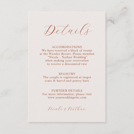 Boho Terracotta Rust Flower Wedding | Details Encl Informatiekaartje (Voorkant)