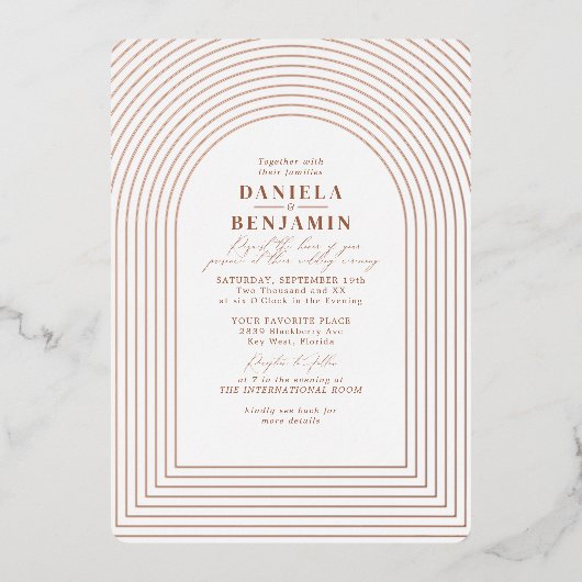 Boho Terracotta Rust Wedding Arch & RSVP QR Code Folie Uitnodiging (Voorkant)