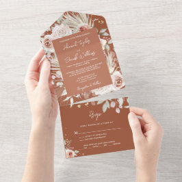 Boho Terracotta Rustic Floral met RSVP Wedding All In One Uitnodiging