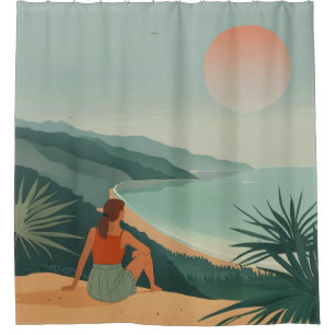 Boho Terracotta Sage Kust Bay Zonsondergang Landsc Douchegordijn