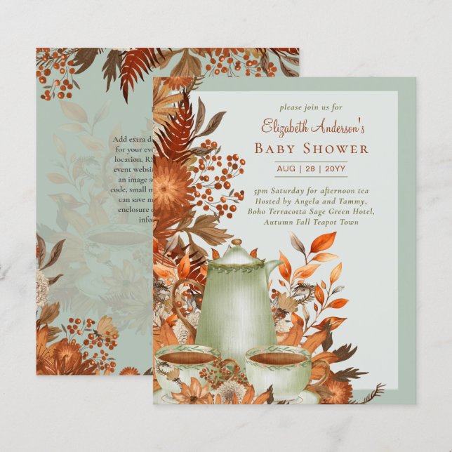 Boho Terracotta Sage Tea Party Baby Vrijgezellenfe (Voorkant / Achterkant)