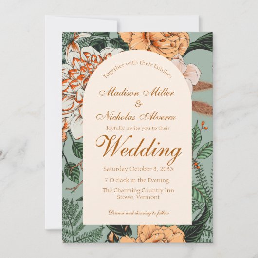 Boho Terracotta Salie Bloemboog Monogram Bruiloft Kaart (Voorkant)