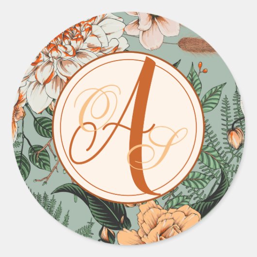Boho Terracotta Salie Monogram Herfst Bruiloft Ronde Sticker (Voorkant)