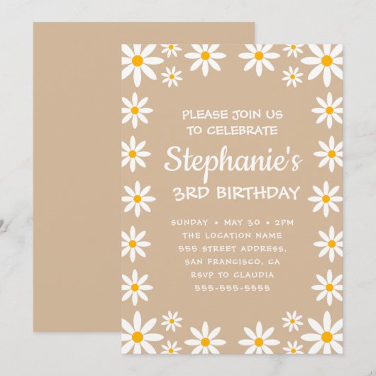 Boho Terracotta Sand Retro Daisies Birthday Party Kaart (Voorkant / Achterkant)