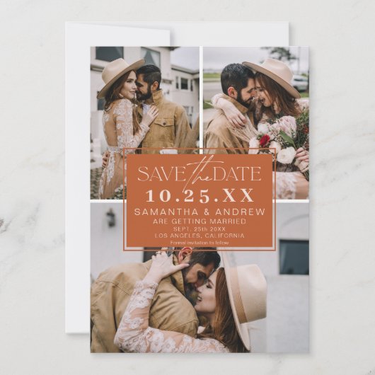 Boho terracotta save the date 3 foto grid collage (Voorkant)