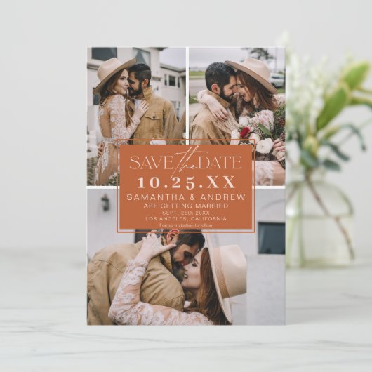 Boho terracotta save the date 3 foto grid collage (Staand voorkant)