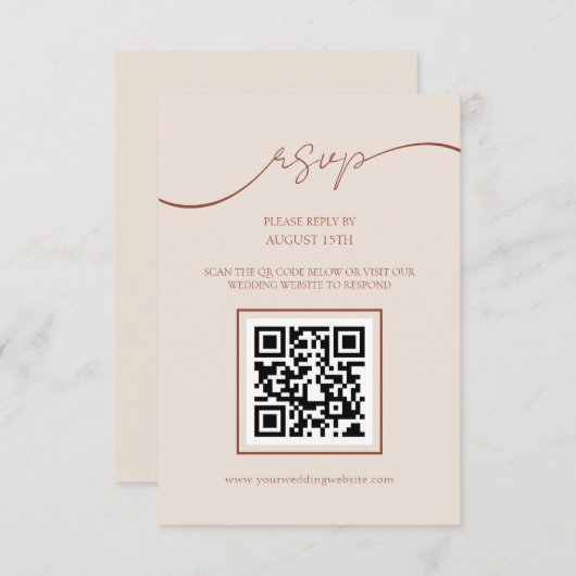 Boho Terracotta Script QR Code Bruiloft RSVP Kaart (Voorkant / Achterkant)