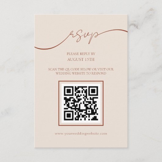 Boho Terracotta Script QR Code Bruiloft RSVP Kaart (Voorkant)