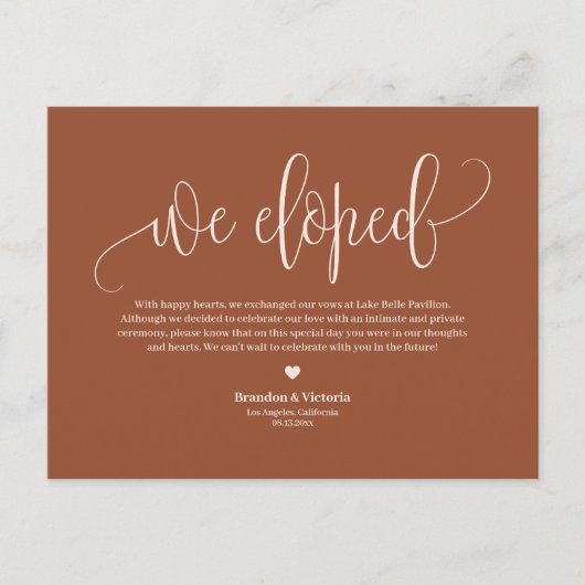 Boho Terracotta Script Wedding Elopement Aankondigingskaart (Voorkant)