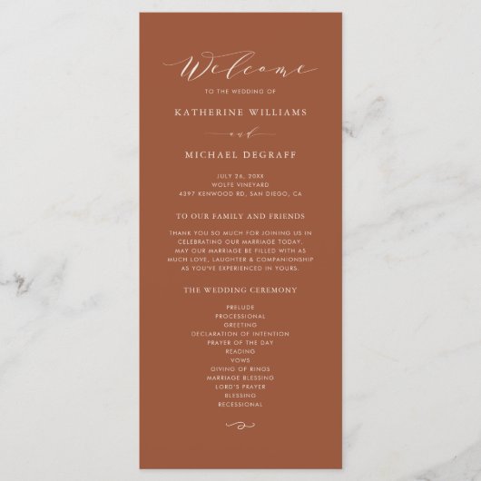 Boho terracotta sierlijk script bruiloft ceremonie programmakaart (Voorkant)