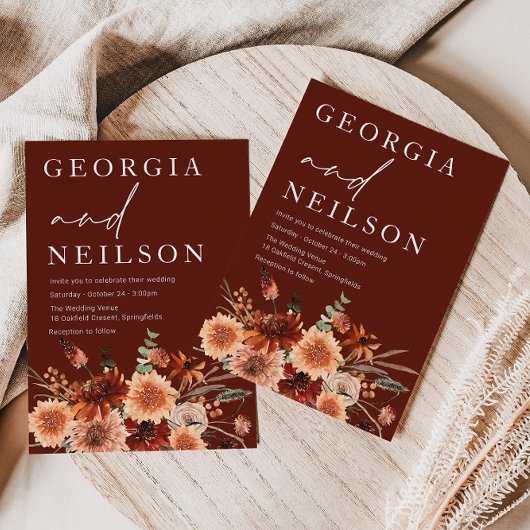 Boho Terracotta Sinaasappel & Bruin Herfst Bruilof Kaart