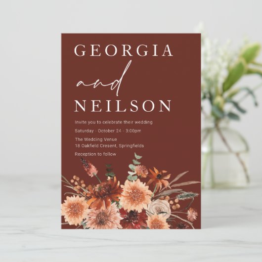 Boho Terracotta Sinaasappel & Bruin Herfst Bruilof Kaart (Staand voorkant)