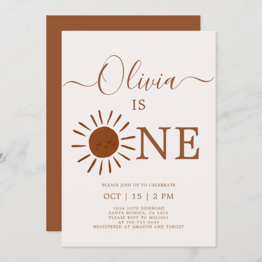 Boho Terracotta Sun 1st Birthday Invitation Kaart (Voorkant / Achterkant)