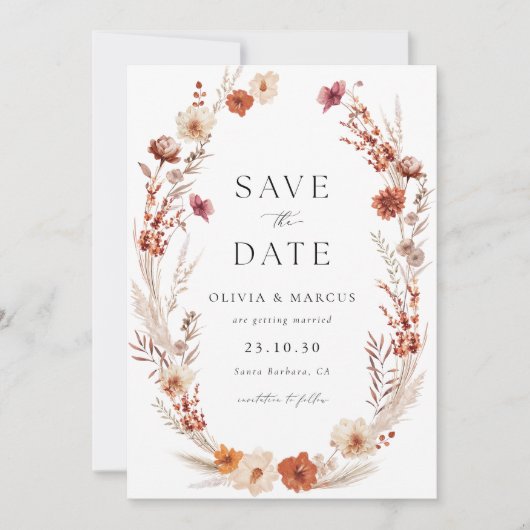 Boho Terracotta Taupe Wildflower Elegante bruiloft Save The Date (Voorkant)
