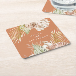 Boho Terracotta Tropische Bloem- en Palm Huwelijk Kartonnen Onderzetters